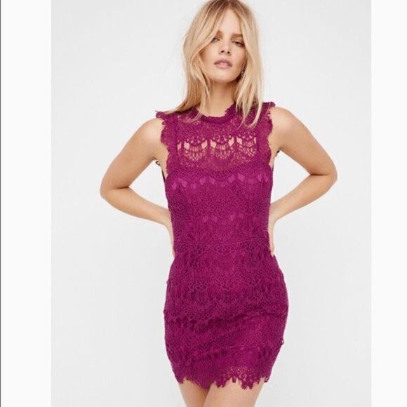 Free People Daydream Lace Magenta Fuchsia Open Back Mini Dress Small - Picture 7 of 10